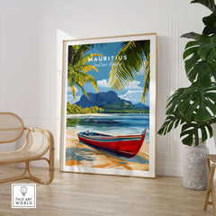 Mauritius Island Wall Art - Indian Ocean Poster, Beach Landscape Print featuring a vibrant red boat.