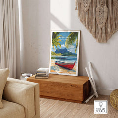 Mauritius Island Wall Art - Indian Ocean Poster, Beach Landscape Print displayed in a cozy room setting.