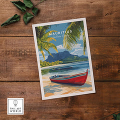 Mauritius Island Wall Art - Indian Ocean Poster, Beach Landscape Print featuring a red boat on a tropical beach.