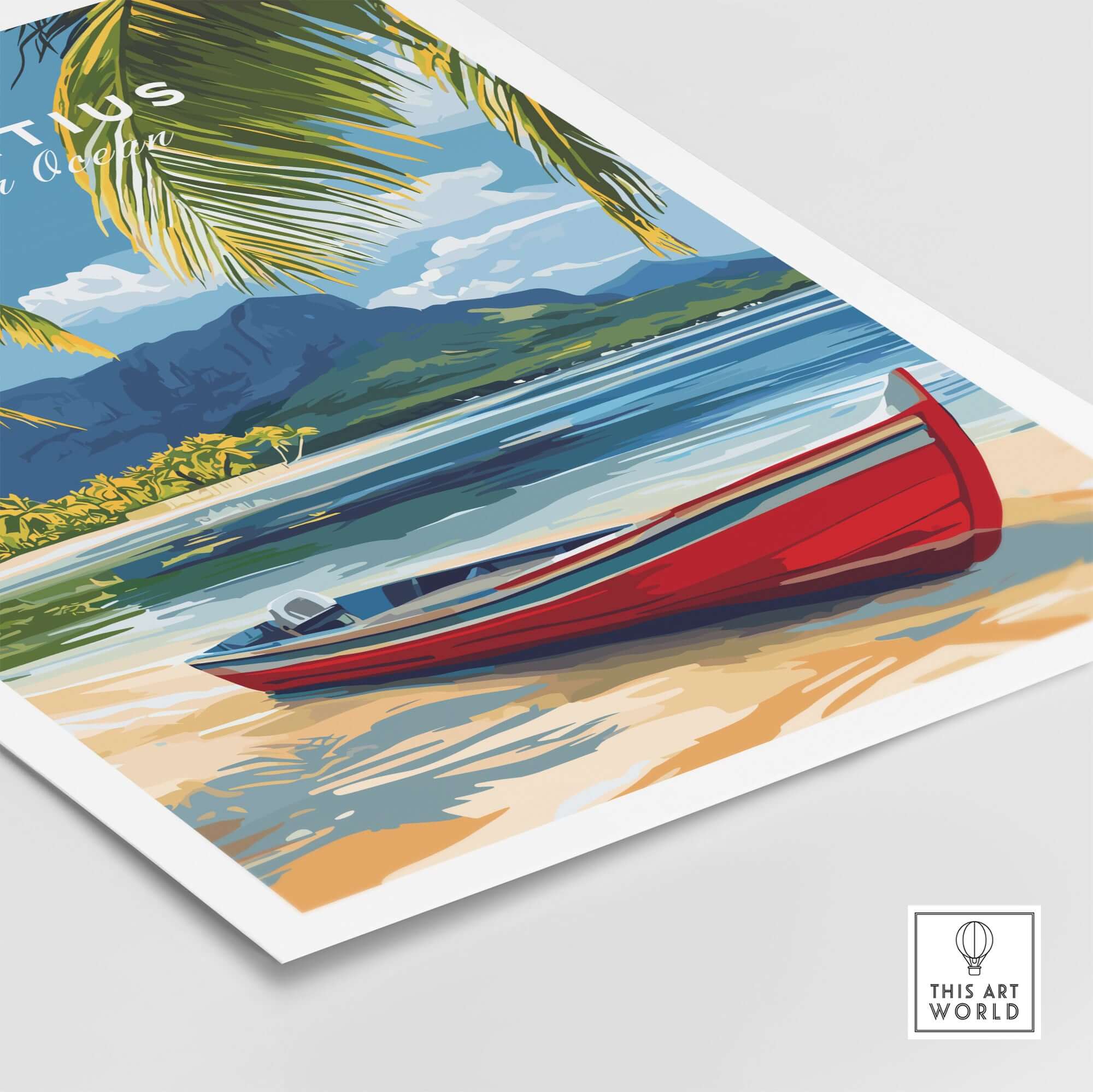 Mauritius Island Wall Art - Indian Ocean Poster, Beach Landscape Print featuring a red boat on a tropical beach.