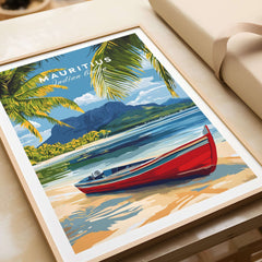 Mauritius Island Wall Art - Indian Ocean Poster, Beach Landscape Print featuring a red boat on a tropical beach.