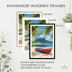 Mauritius Island Wall Art - Indian Ocean Poster, Beach Landscape Print displayed in handmade wooden frames.