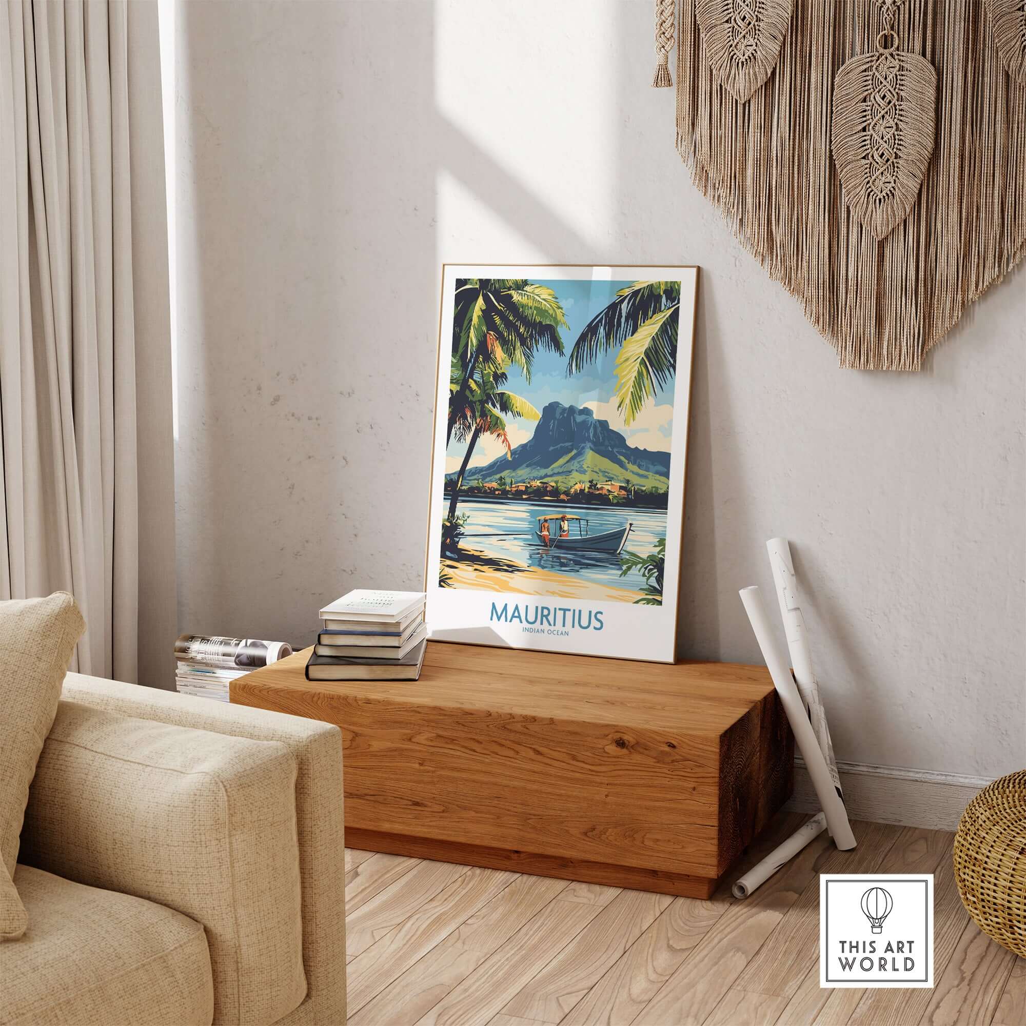 Mauritius Landscape Print - Island Charm Wall Art for Sale displayed in a cozy living room setting.