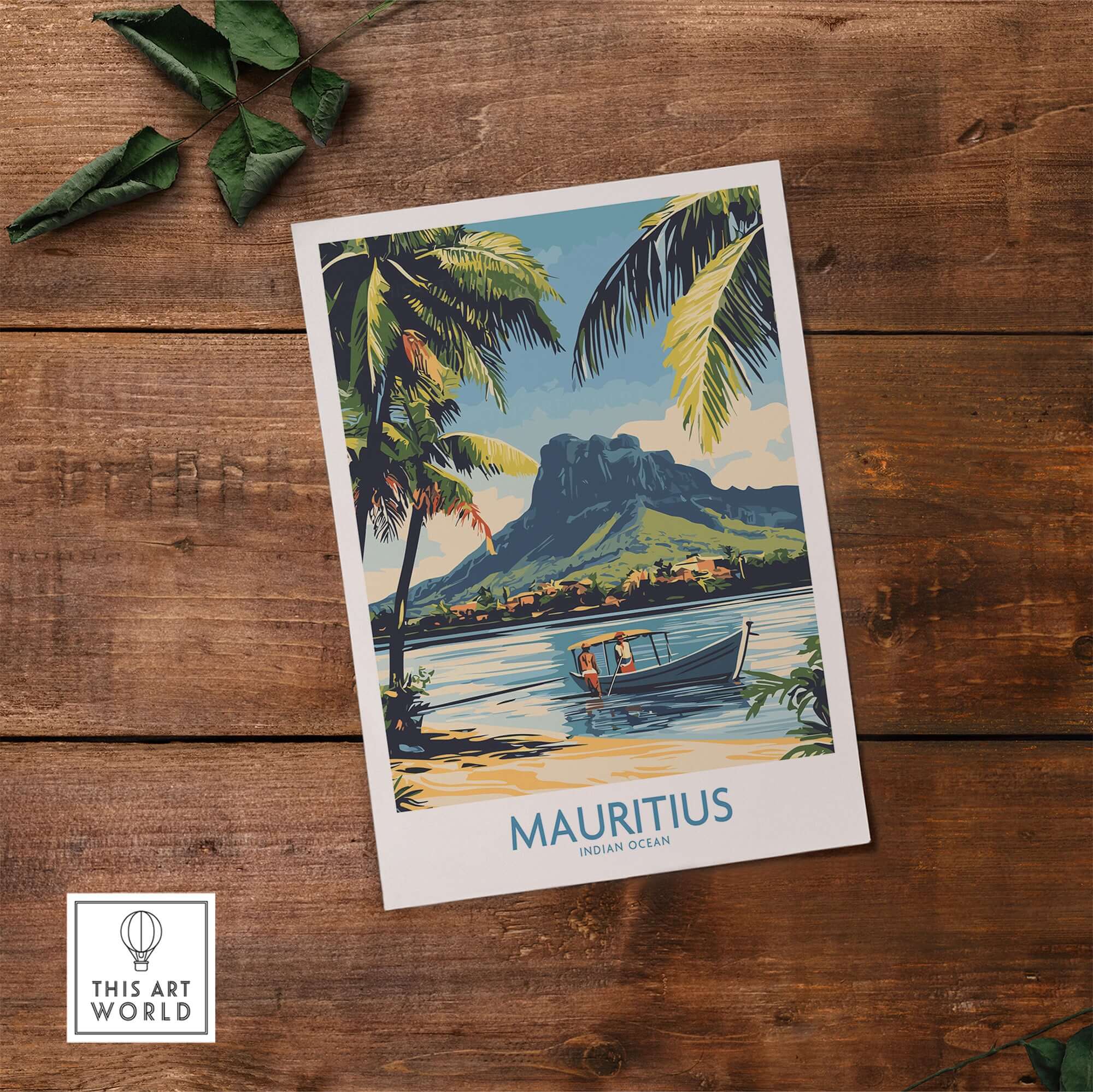 Mauritius Landscape Print - Island Charm Wall Art for Sale featuring lush palm trees and a boat in the Indian Ocean.