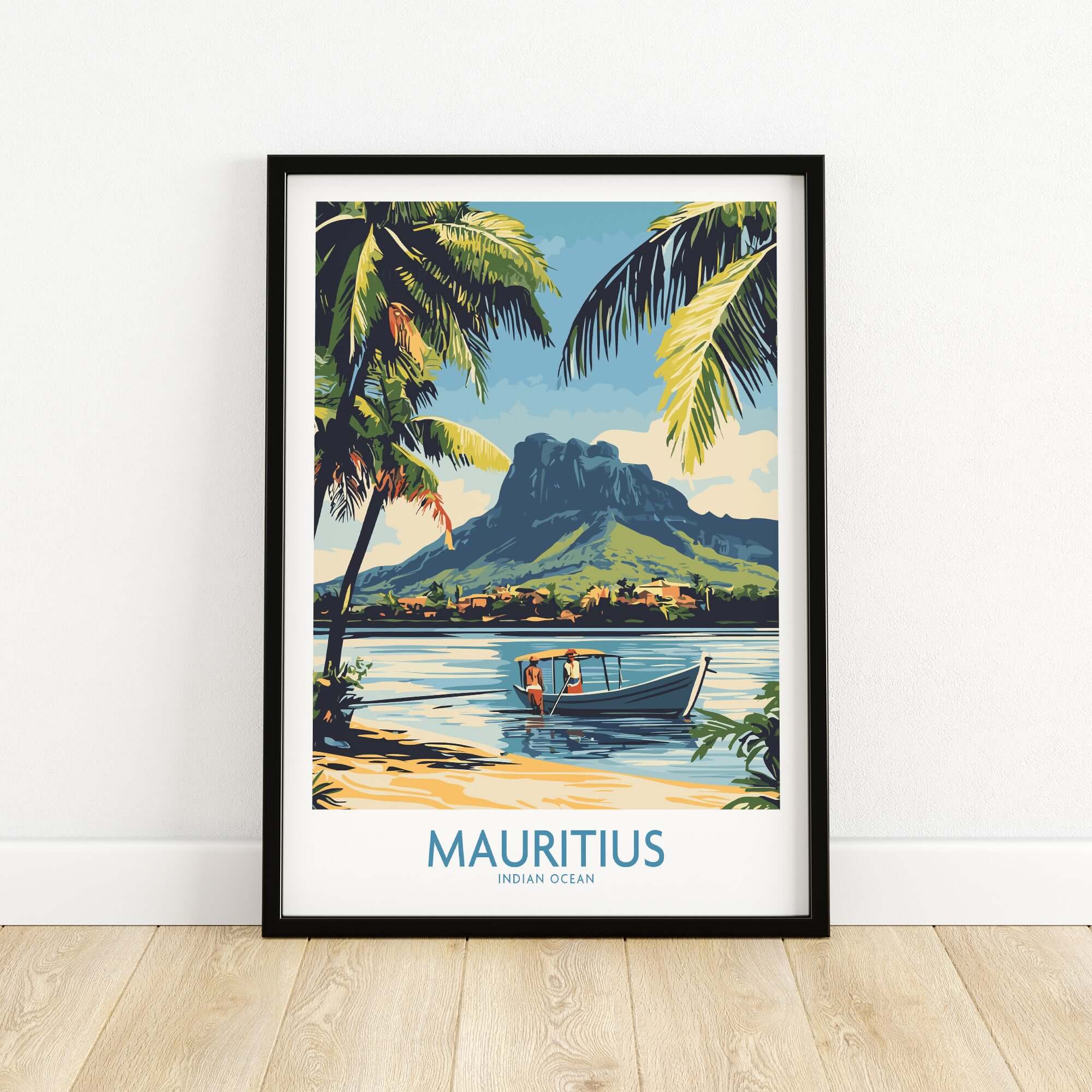 Mauritius Landscape Print - Island Charm Wall Art for Sale showcasing vibrant sea and mountain scene.