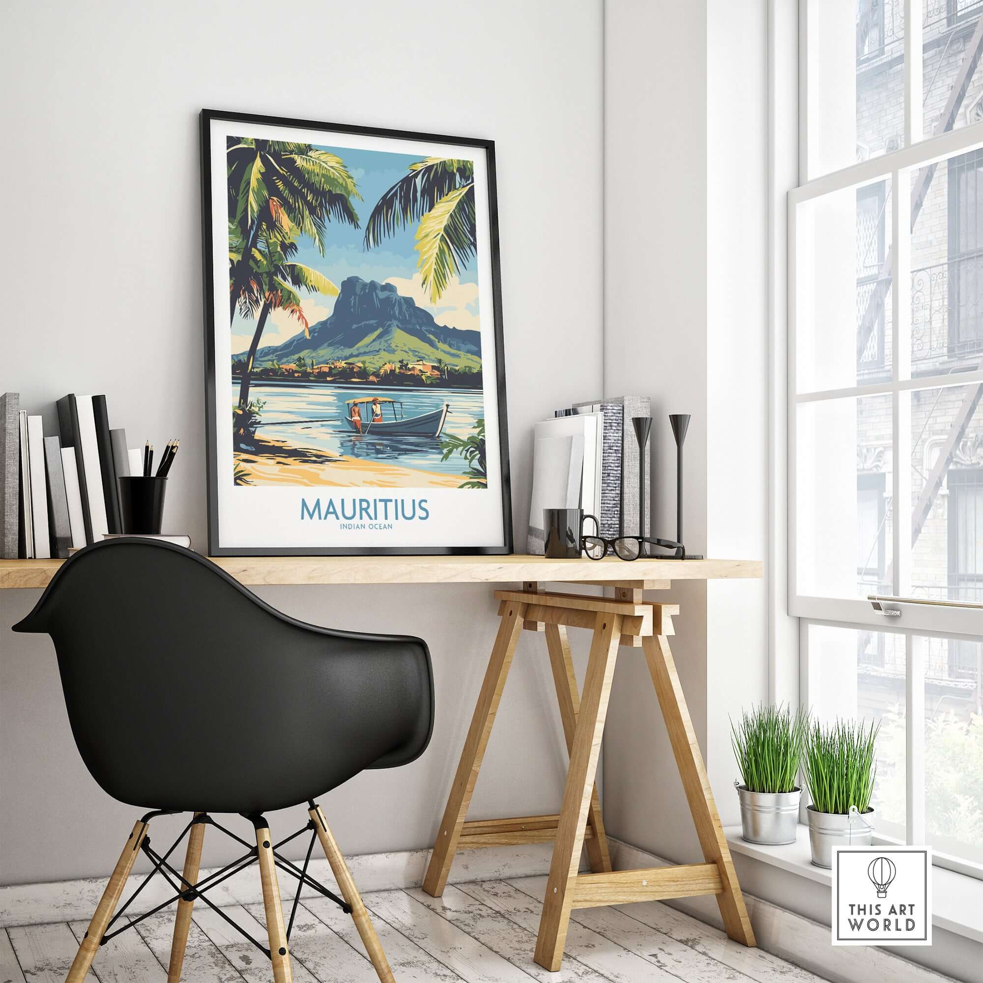 Mauritius Landscape Print - Island Charm Wall Art for Sale, featuring stunning tropical scene with palm trees and mountains.