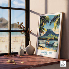 Mauritius Landscape Print - Island Charm Wall Art for Sale displayed on a windowsill with a beach view.