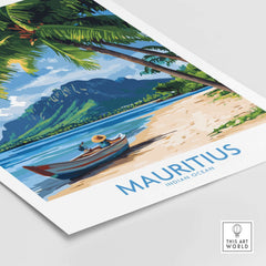 Mauritius Poster Beach Scene featuring a serene boat by a tropical beach and palm trees.