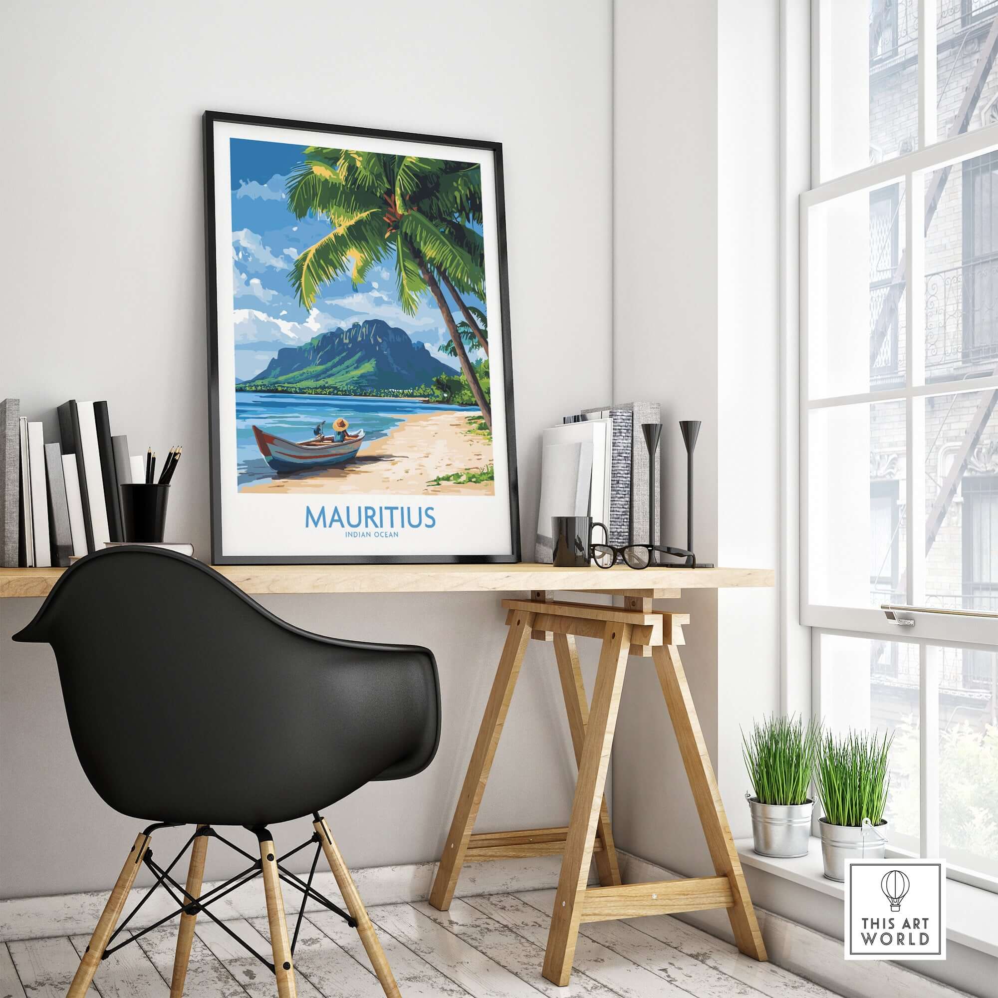 Mauritius Poster Beach Scene displayed in a modern office with a black chair and wooden desk. Perfect tropical decor.