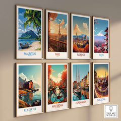 Mauritius Poster Beach Scene featuring tropical landscape and crystal clear waters among other travel posters.