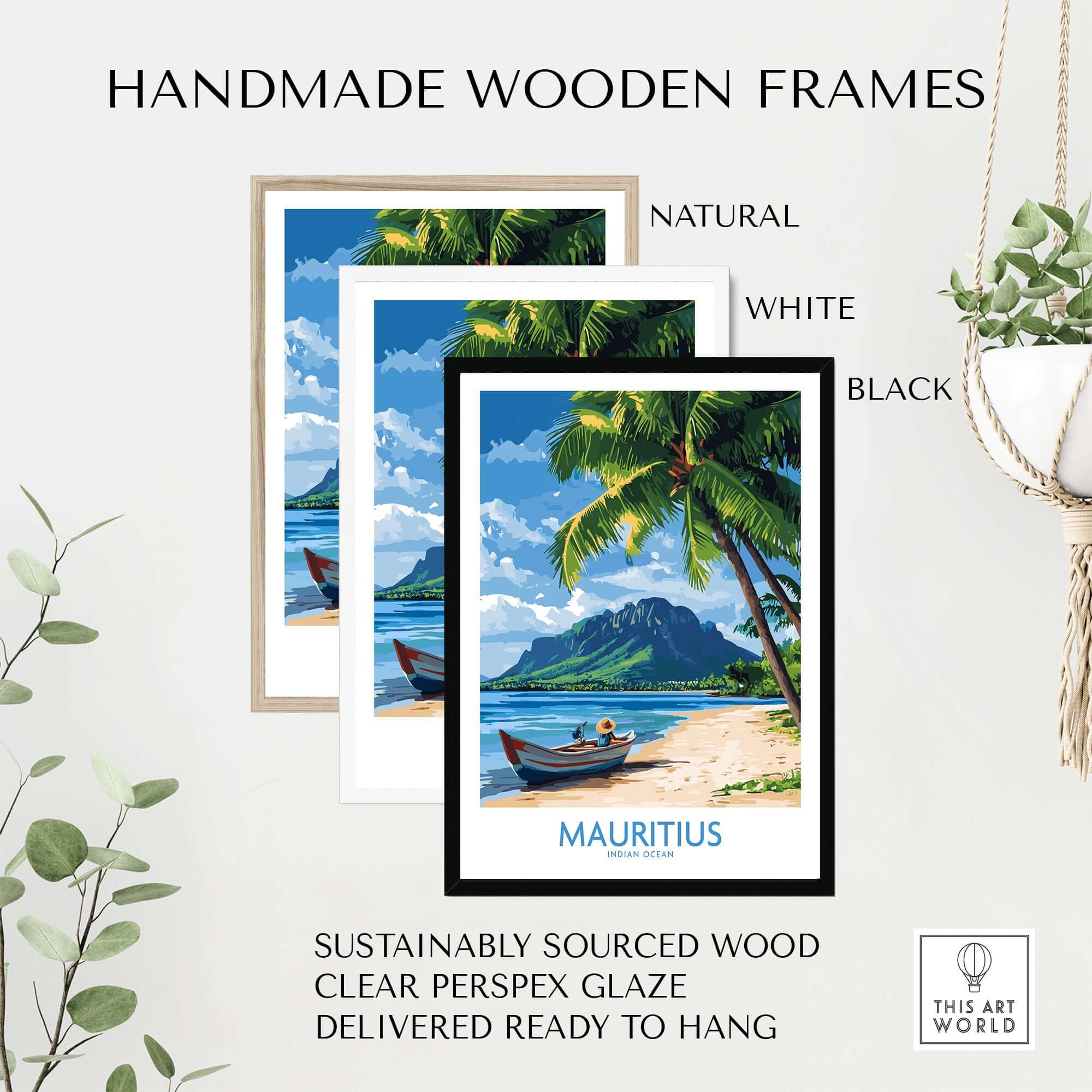 Mauritius Poster Beach Scene framed in natural, white, and black handmade wooden frames, featuring tropical beach visuals.
