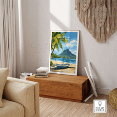 Mauritius Seascape Art Print - Tropical Wall Poster, Island Decor for Sale in a cozy living room setting.
