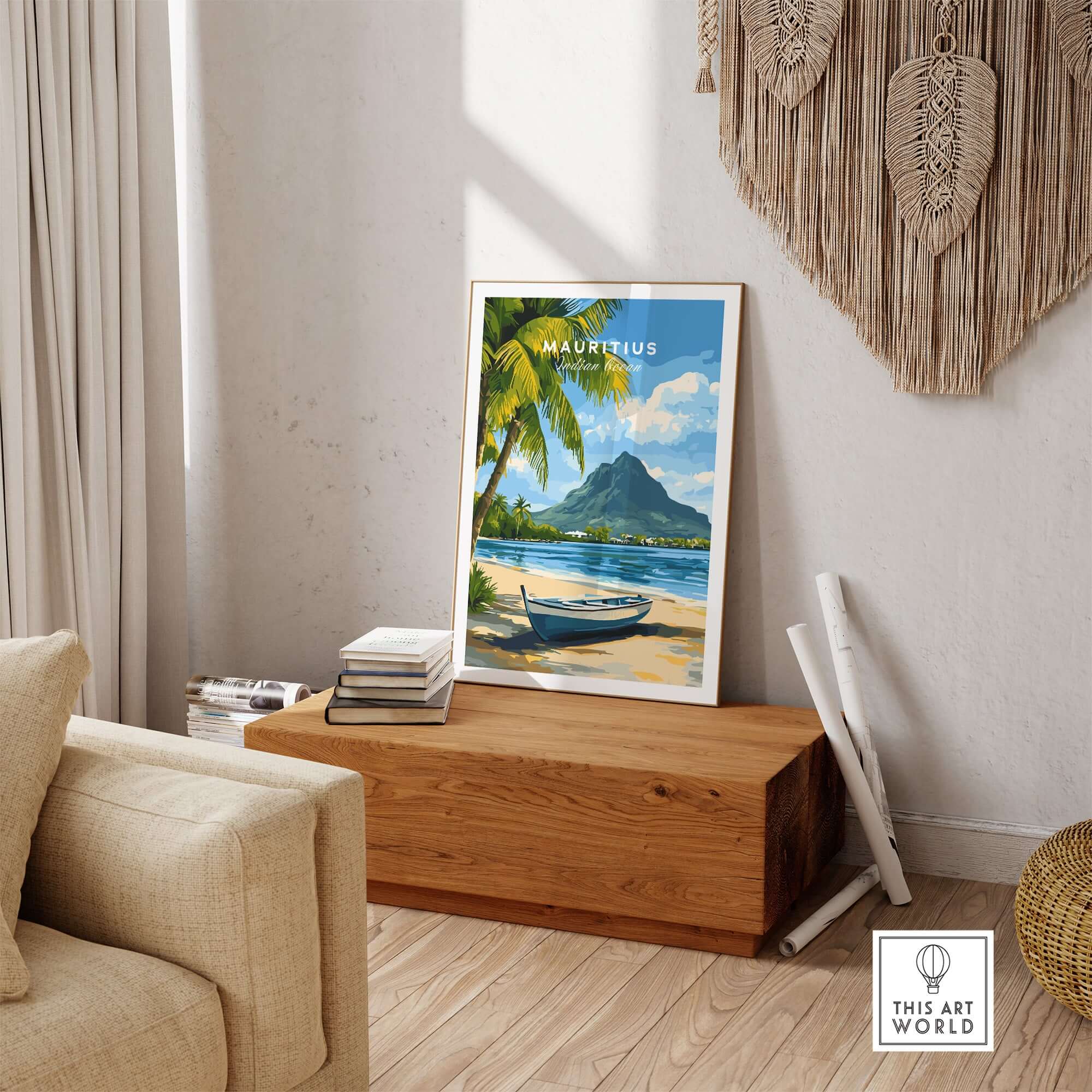 Mauritius Seascape Art Print - Tropical Wall Poster, Island Decor for Sale in a cozy living room setting.