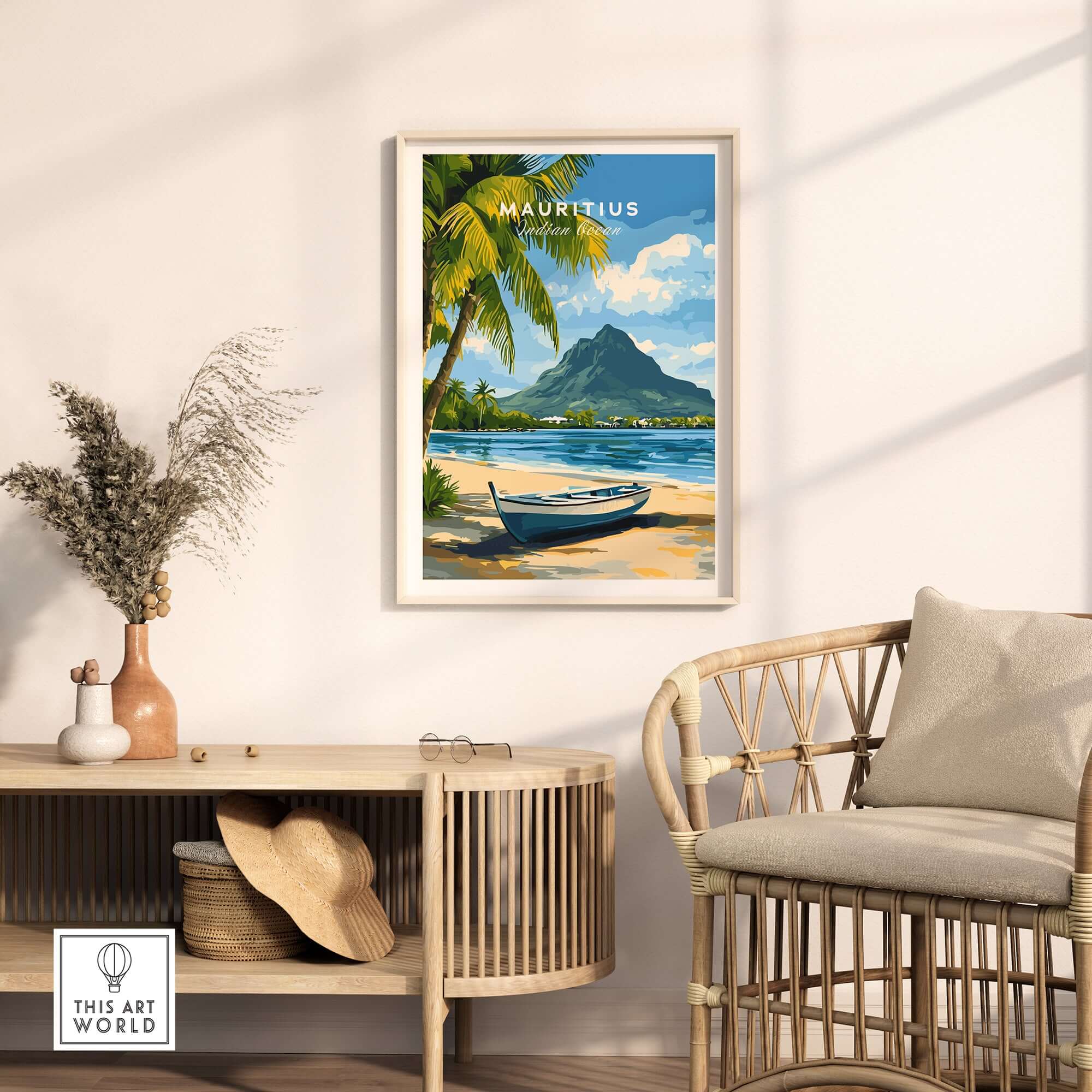 Mauritius Seascape Art Print - Tropical Wall Poster, Island Decor for Sale displayed in a cozy living room setting.