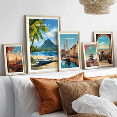 Mauritius Seascape Art Print - Tropical Wall Poster, Island Decor for Sale displayed in a stylish living room setting.