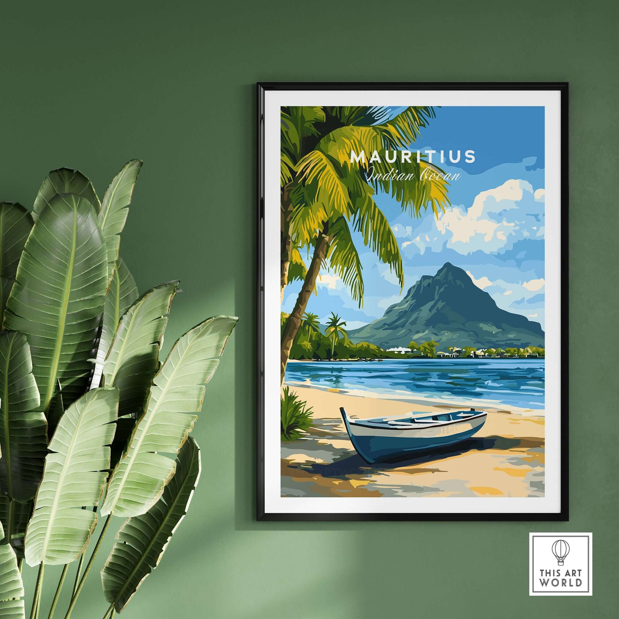 Mauritius Seascape Art Print - Tropical Wall Poster, Island Decor for Sale showcasing a tropical landscape with palm trees and a boat.
