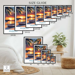 Mauritius Travel Poster - Tropical Beach at sunset size guide with various frame options displayed.