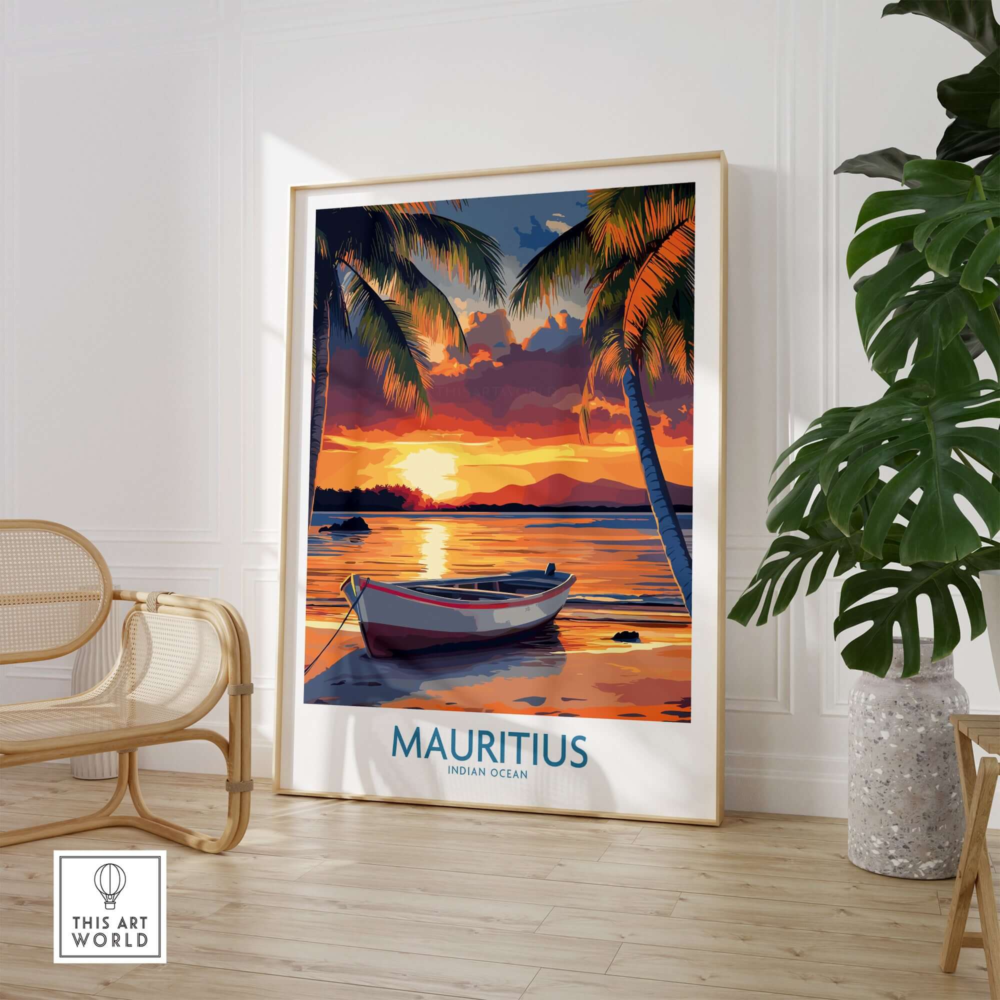 Mauritius Travel Poster - Tropical Beach at sunset with a boat and palm trees by the Indian Ocean.