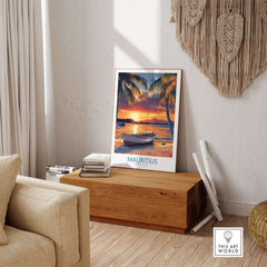 Mauritius Travel Poster - Tropical Beach at sunset displayed in a cozy living room setting.