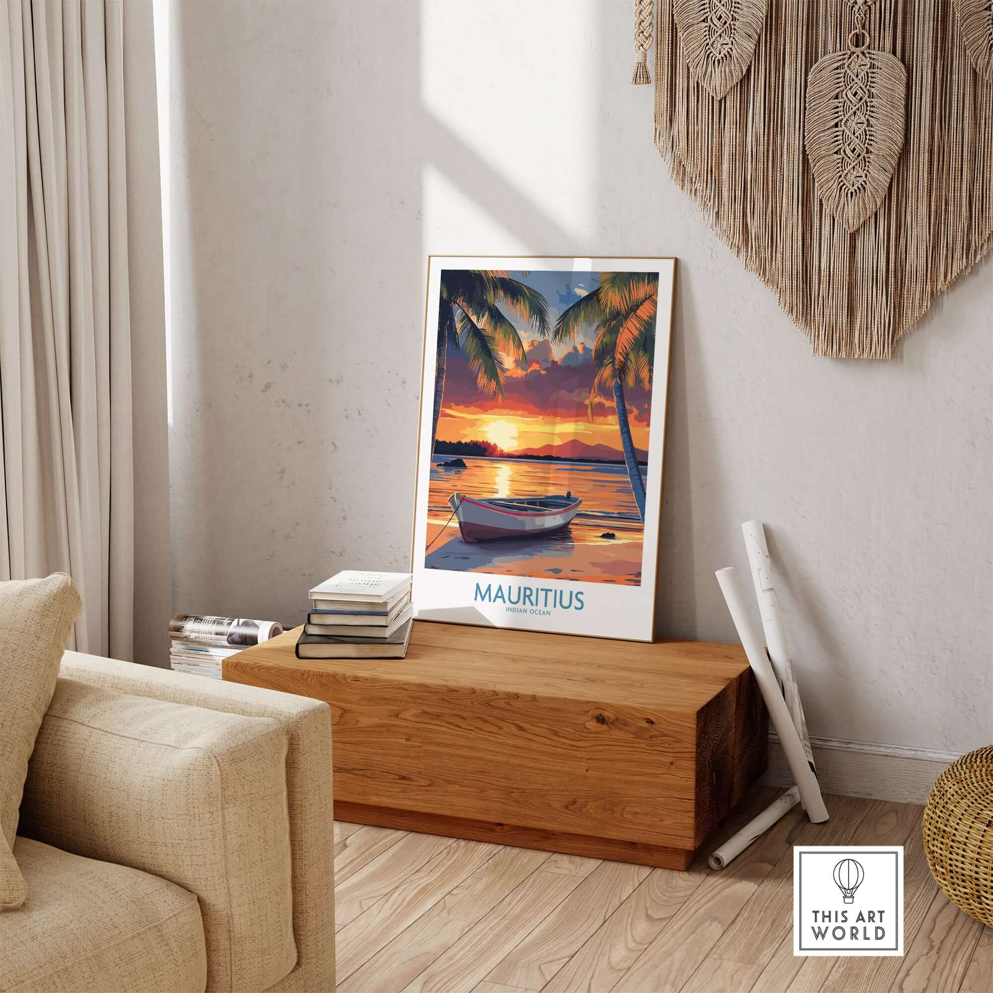 Mauritius Travel Poster - Tropical Beach at sunset displayed in a cozy living room setting.