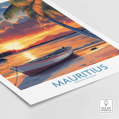 Mauritius Travel Poster - Tropical Beach at sunset, featuring a tranquil beach scene with palm trees and a boat.