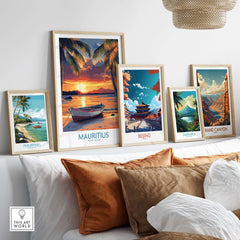 Mauritius Travel Poster - Tropical Beach at sunset displayed among other travel posters in an elegant home setting.
