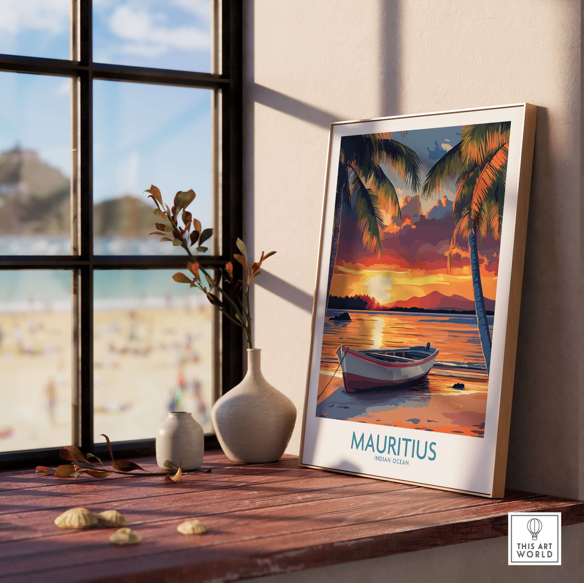 Mauritius Travel Poster - Tropical Beach at sunset displayed by a window with palm trees and a boat.
