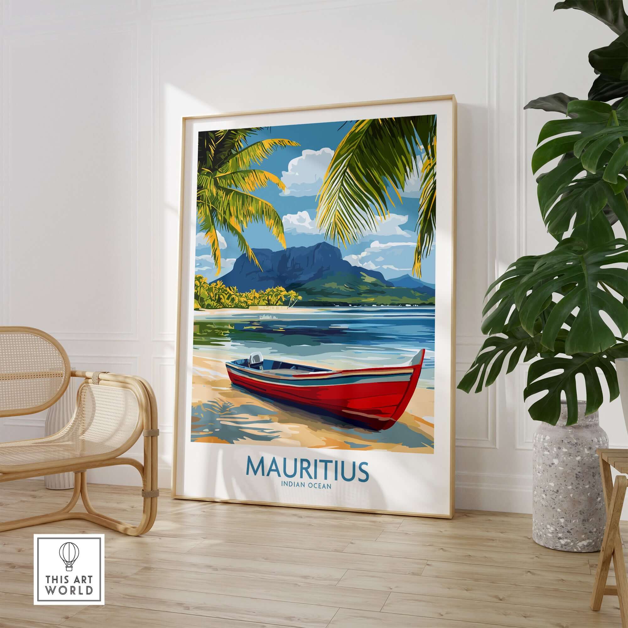 Mauritius Travel Poster - Tropical Paradise Decor featuring a vibrant red boat and tropical landscape.