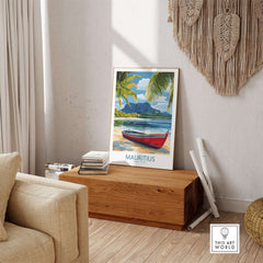 Mauritius Travel Poster - Tropical Paradise Decor featuring a vibrant red boat and palm trees in a serene setting.