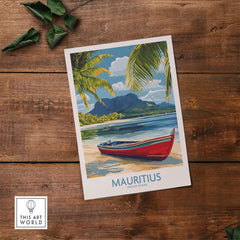 Mauritius Travel Poster - Tropical Paradise Decor featuring a red boat and tropical scenery.