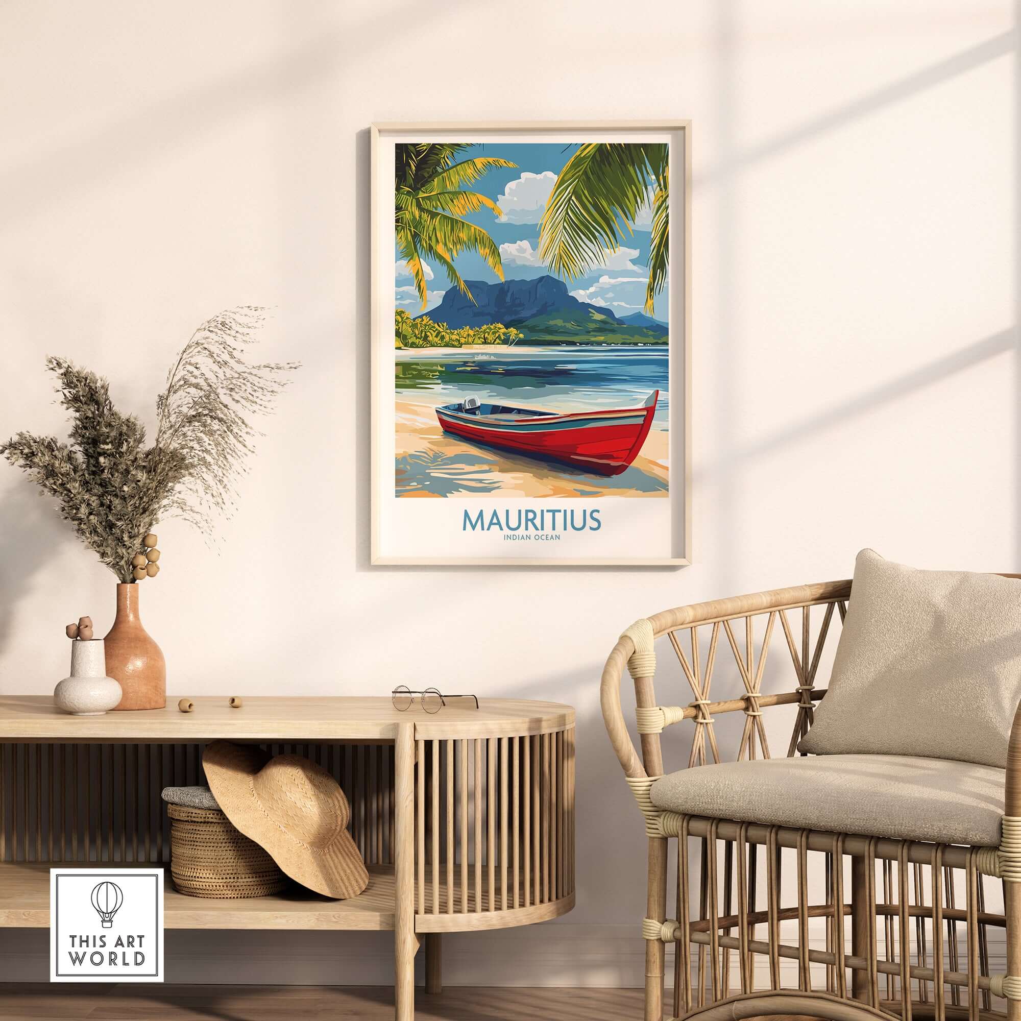 Mauritius Travel Poster - Tropical Paradise Decor featuring a vibrant red boat and palm trees in a tropical setting.