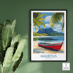 Mauritius Travel Poster - Tropical Paradise Decor featuring a vibrant red boat, palm trees, and mountains.