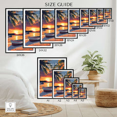 Mauritius Travel Print - Sunset Beach Art size guide with various frame sizes displayed in a stylish living room.