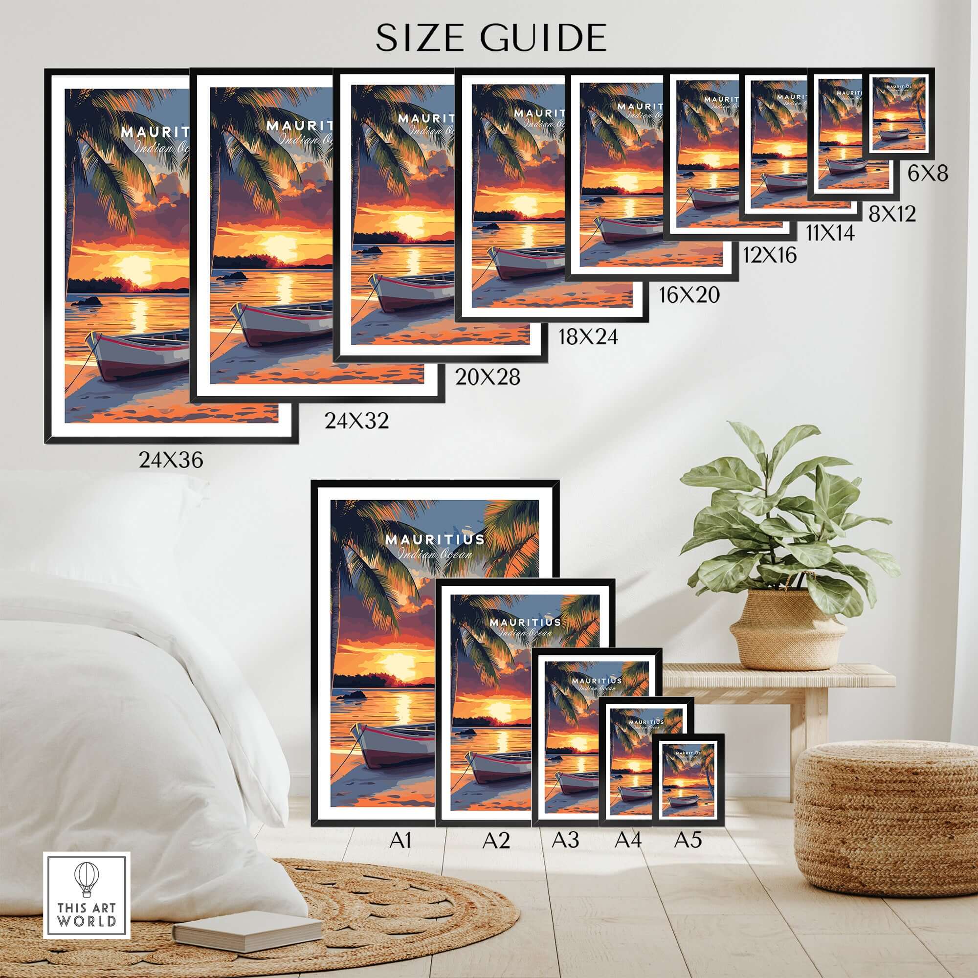 Mauritius Travel Print - Sunset Beach Art size guide with various frame sizes displayed in a stylish living room.