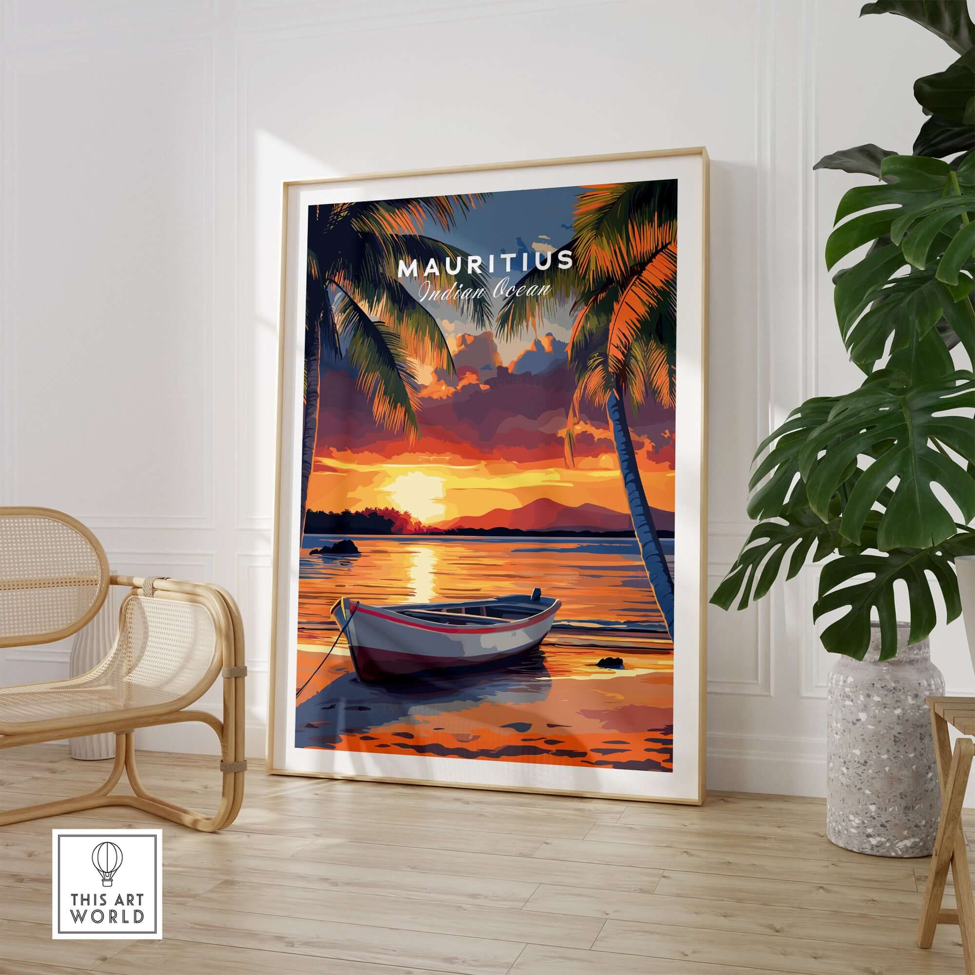 Mauritius Travel Print - Sunset Beach Art featuring a vibrant sunset over the ocean with palm trees and a boat.