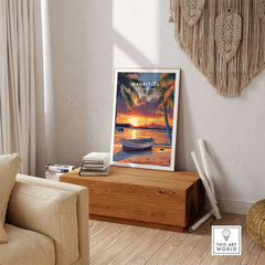 Mauritius Travel Print - Sunset Beach Art showcasing a colorful sunset over a tranquil beach with palm trees and a boat.