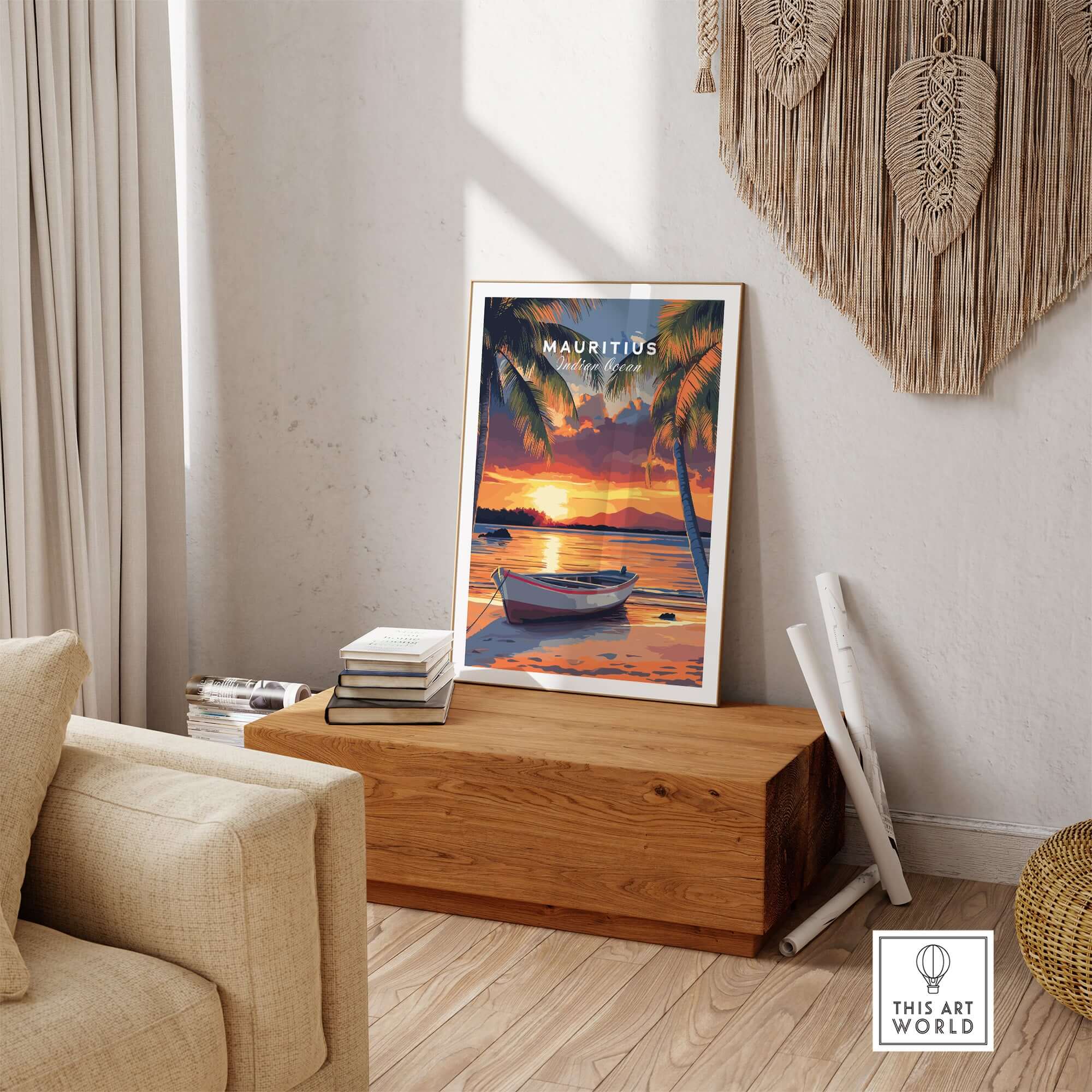 Mauritius Travel Print - Sunset Beach Art showcasing a colorful sunset over a tranquil beach with palm trees and a boat.