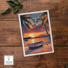 Mauritius Travel Print - Sunset Beach Art featuring a serene scene of a boat on a sunset beach in Mauritius
