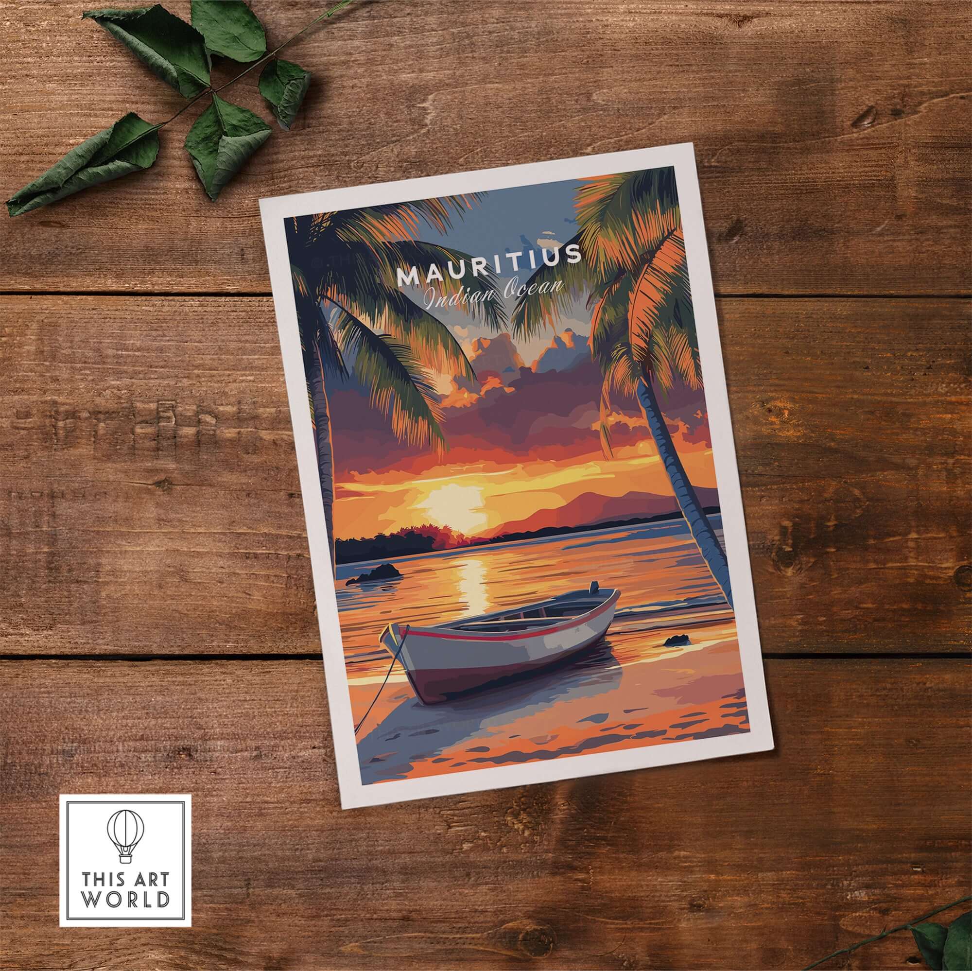 Mauritius Travel Print - Sunset Beach Art featuring a serene scene of a boat on a sunset beach in Mauritius