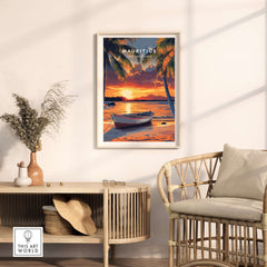 Mauritius Travel Print - Sunset Beach Art featuring a stunning sunset over tranquil waters and palm trees.