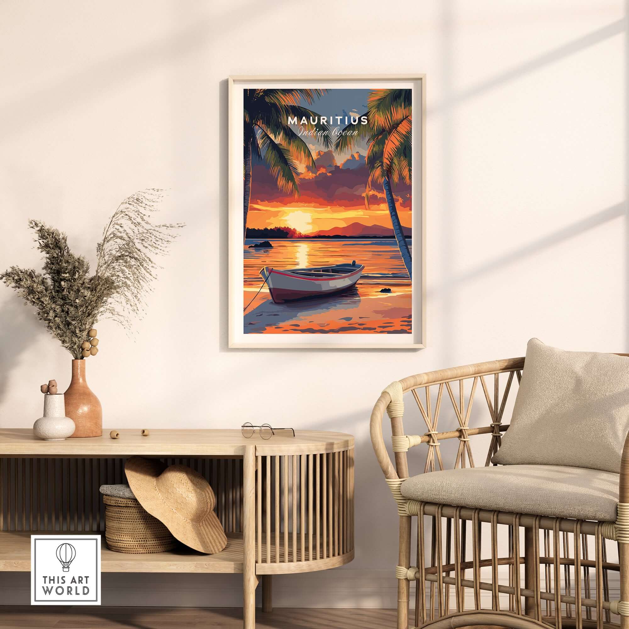 Mauritius Travel Print - Sunset Beach Art featuring a stunning sunset over tranquil waters and palm trees.