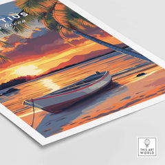 Mauritius Travel Print - Sunset Beach Art showcasing a vibrant sunset by the ocean with a boat and palm trees.