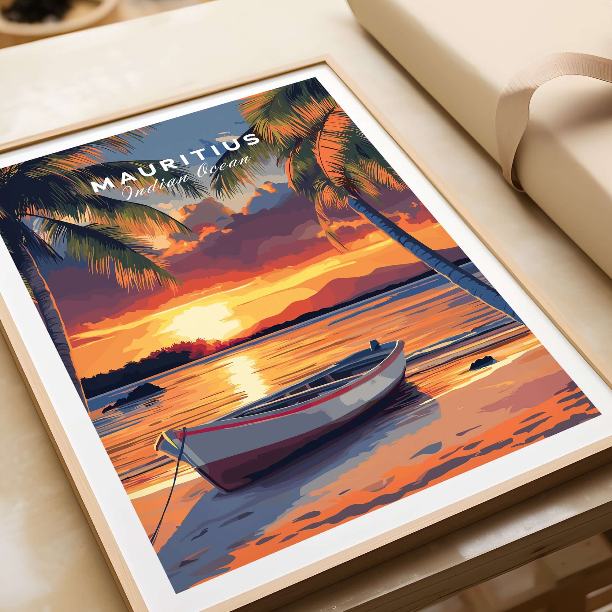 Mauritius Travel Print - Sunset Beach Art featuring tranquil boat scene and vibrant sunset colors.