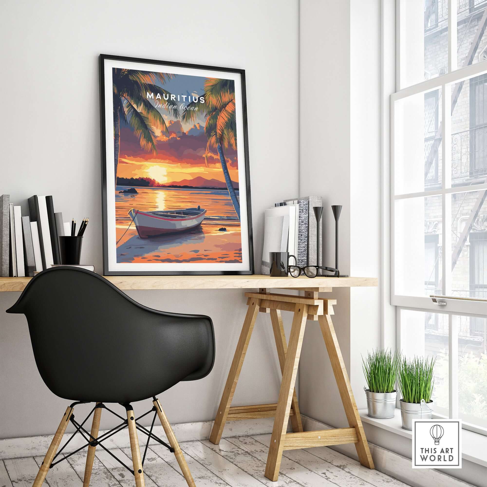 Mauritius Travel Print - Sunset Beach Art displayed in a stylish workspace with a view of the ocean.