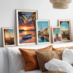 Mauritius Travel Print - Sunset Beach Art featured among travel prints in a stylish home decor setting.