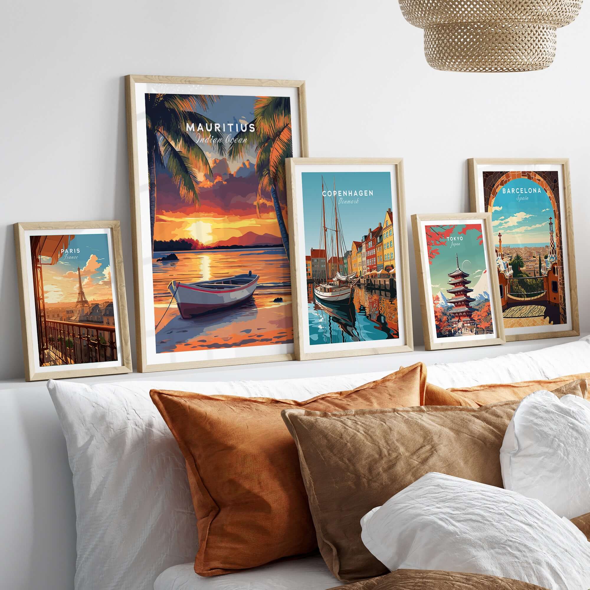 Mauritius Travel Print - Sunset Beach Art featured among travel prints in a stylish home decor setting.