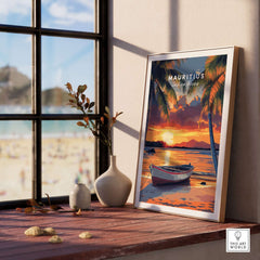 Mauritius Travel Print - Sunset Beach Art featuring a vibrant sunset and tranquil beach scene in a cozy home setting.