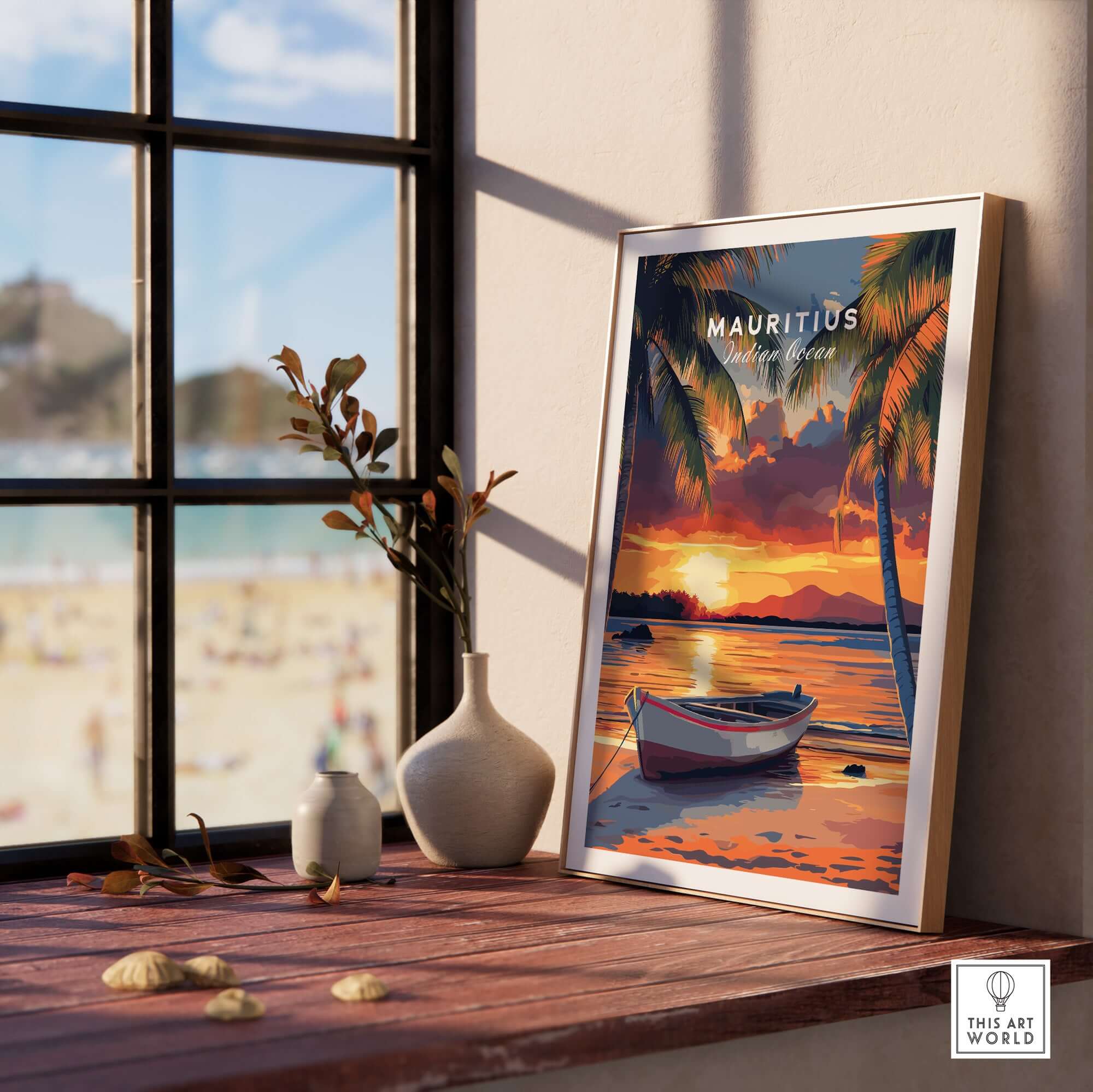 Mauritius Travel Print - Sunset Beach Art featuring a vibrant sunset and tranquil beach scene in a cozy home setting.