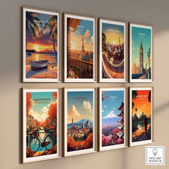 Mauritius Travel Print - Sunset Beach Art showcased among various travel art prints on a wall.
