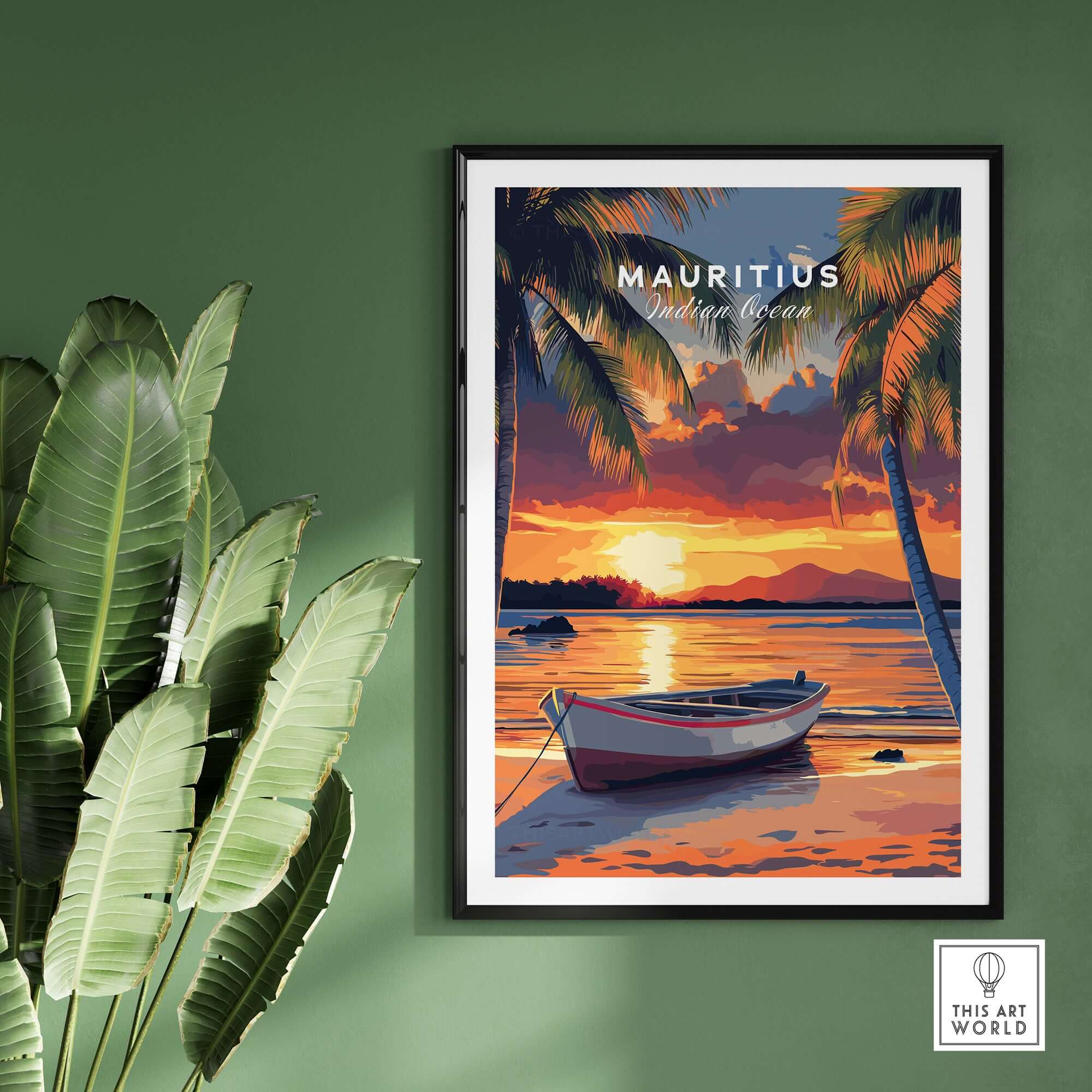 Mauritius Travel Print - Sunset Beach Art featuring a boat on a tranquil beach at sunset.